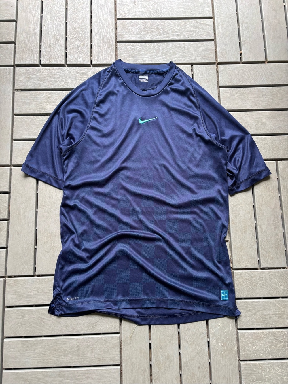 Nike Men’s Navy Short Sleeve Athletic Tee with Teal Swoosh